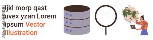 Data storage, online search, global communication, research, database management, information technology. a server stack, magnifying glass and person analyzing globe. Data storage and online search