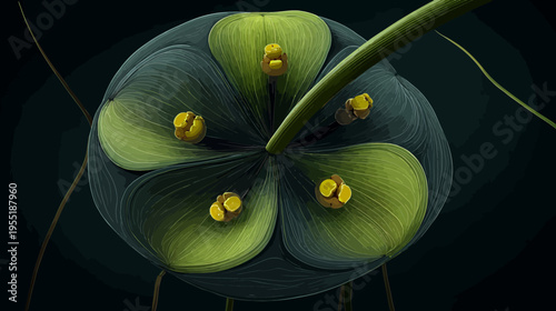 Pixelated artwork of a stylized aquatic plant with large green leaves and yellow seed pods