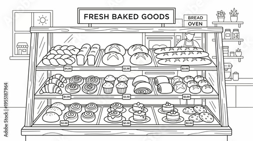 A black and white illustration of a bakery display case filled with fresh baked goods and a baker in the background
