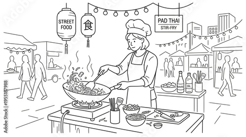 Street food vendor cooking delicious Asian noodles in a bustling outdoor market