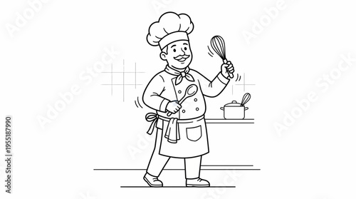 Cheerful cartoon chef holding cooking tools, a dynamic illustration of culinary expertise