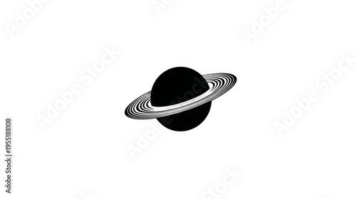 A black and white stylized illustration of a celestial body with rings against a white backdrop