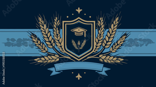 A formal crest design featuring wheat stalks, a graduation cap, and a banner against a blue backdrop