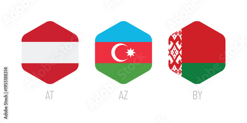 European Country Flags Icons Vector Set Austria Azerbaijan Belarus Hexagon Flat Design Illustration