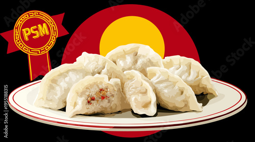 A plate of delicious dumplings with a red and yellow design element, perfect for a culinary image