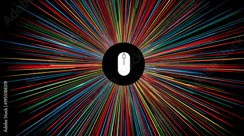 A vibrant burst of colored lines radiates from a centered circle with a white computer mouse