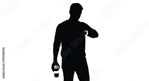 Black silhouette of a man checking his watch, male figure holding a coffee cup, person waiting or being late, isolated vector illustration
