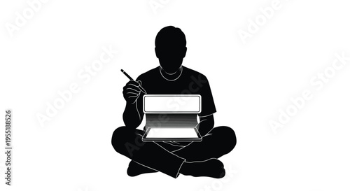 Minimalist silhouette of a digital artist sitting cross-legged, creative designer using a tablet and stylus, black and white vector illustration