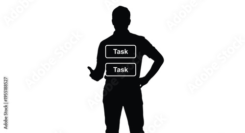 Black silhouette of a man with task list buttons, professional businessman managing workload, multitasking concept vector illustration
