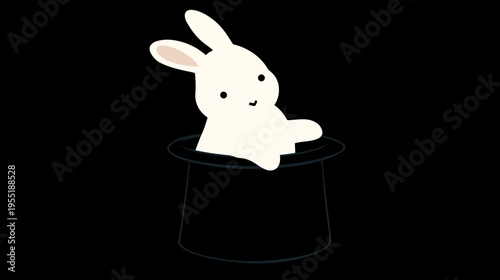 A cartoon rabbit peeks out of a tall, black hat with a happy expression