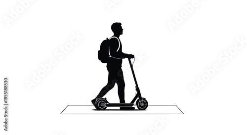 Black silhouette of man riding electric scooter with backpack, modern urban commuter on e-scooter vector, minimalist micro-mobility transportation icon