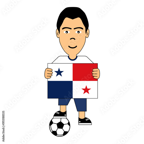 Vector illustration of a young boy holding the Panamanian national flag, dressed in casual clothing and standing with a soccer ball, symbolizing Panama, football passion, and national pride