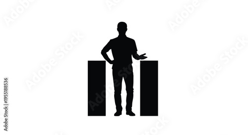 Minimalist businessman silhouette standing between pillars, professional male figure presenting options, black and white vector icon for corporate comparison