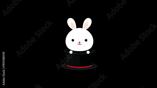 A cute cartoon bunny peeps out of a black top hat, set against a simple black background