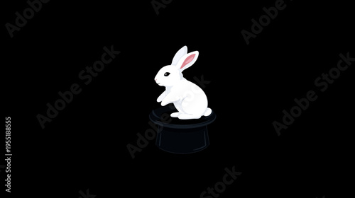 A cartoon-style illustration of a white rabbit sitting on a black top hat against a black background
