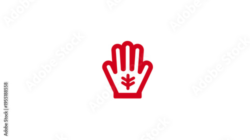 A red outlined hand, featuring a leaf design in the palm, on a white background