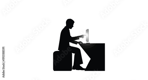 Silhouette of businessman working at computer desk, professional office worker using glowing monitor, male employee at workstation vector