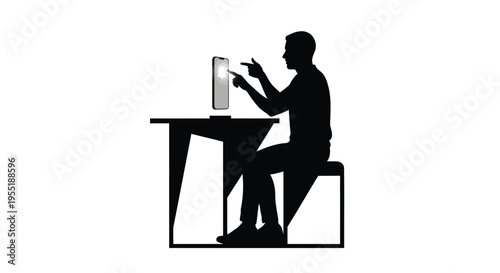 Minimalist silhouette of man using futuristic holographic interface at desk. Modern workspace with person interacting with digital screen vector.
