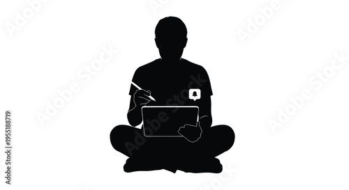 Black silhouette vector of a person sitting cross-legged, drawing or working on a digital tablet with a stylus pen, representing creativity and technology.