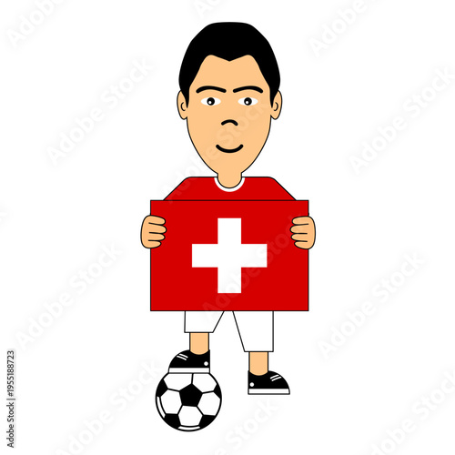 Vector illustration of a young boy holding the Swiss national flag, dressed in casual clothing and standing with a soccer ball, symbolizing Switzerland, football passion, and national pride