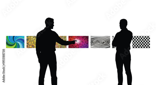 Two male silhouettes interacting with a row of abstract digital art textures and patterns