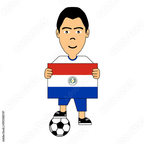 Vector illustration of a young boy holding the Paraguayan national flag, dressed in casual clothing and standing with a soccer ball, symbolizing Paraguay, football passion, and national pride