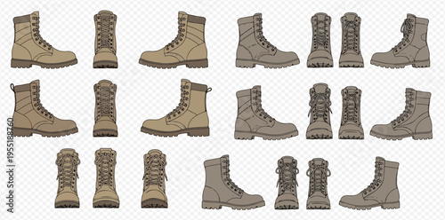 Set of military tactical boots in various views and colors, isolated on transparent background.