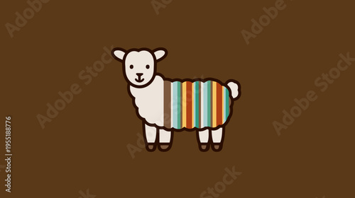 A flat illustration of a sheep with a striped wool coat and a brown background