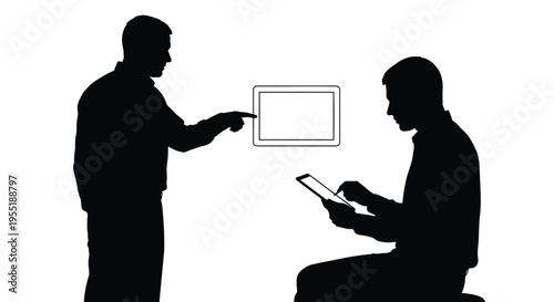 Two male silhouettes interacting with digital devices, one pointing at a screen, the other using a tablet