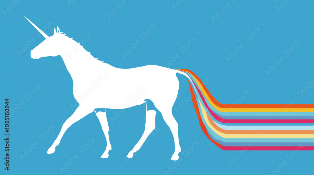 Obraz premium White silhouette of a mythical creature with a spiraling multi-colored tail against a blue backdrop