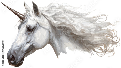 A regal white equine creature with a spiraling horn, flowing mane, and detailed facial features