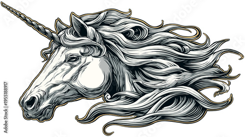 Detailed illustration of a unicorn's head, showcasing flowing mane, spiral horn, and fine line art