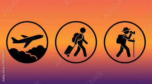 Travel and Adventure Silhouettes Depicting airplane departure, a person with luggage, and an outdoor explorer, perfect for various journey and vacation themes