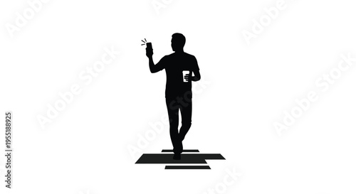 Black silhouette vector of a man holding a smartphone and a cup, walking on abstract platforms
