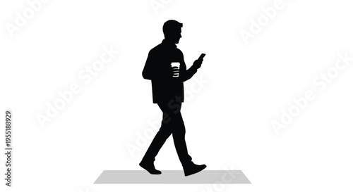 Full-body silhouette of a man walking and looking at his smartphone, isolated on white background vector