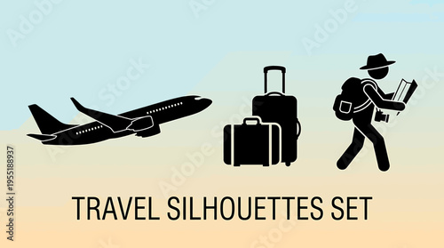 Travel Silhouettes Set Featuring an Airplane, Luggage, and a Person Exploring with a Map, Ideal for Travel-Related Designs and Presentations