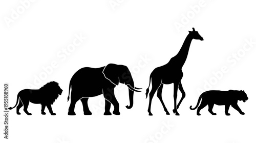 Silhouettes of iconic African safari animals including a lion, elephant, giraffe, and tiger, representing wildlife conservation and nature