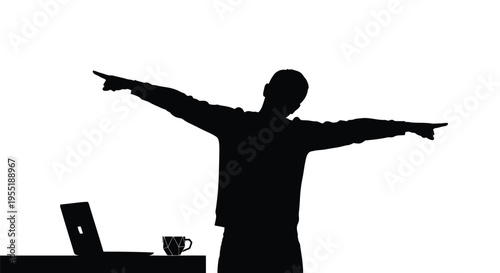 Dynamic black silhouette of a man with arms outstretched, pointing sideways, next to a laptop and coffee cup on a desk, isolated on white background