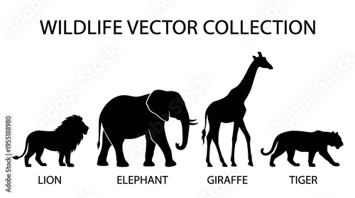 Wildlife Vector Collection A striking assortment of animal silhouettes including a majestic lion, a grand elephant, a towering giraffe, and a fierce tiger, perfect for nature and safari themed designs