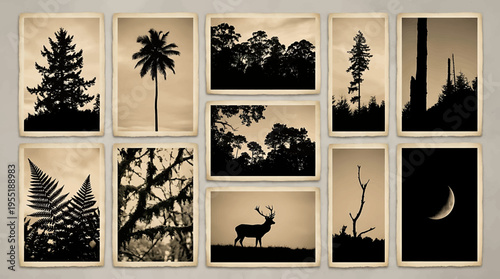 Collection of Silhouetted Trees and Wildlife Scenes in Vintage Sepia Tones