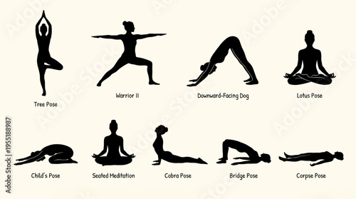 Collection of yoga poses silhouettes on a light background
