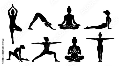 Vector silhouettes of diverse people performing various yoga poses, depicting meditation, fitness, and wellness practices for a healthy and mindful lifestyle