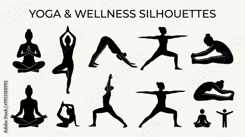 Diverse Yoga Poses and Wellness Silhouettes A Collection of Figures in Various Stretches and Meditative Postures