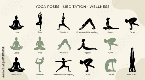 Collection of yoga poses and meditation silhouttes displayed on a subtle background, representing wellness and healthy lifestyle choices