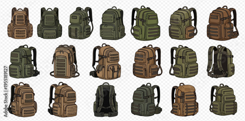 Set of various tactical military backpacks in different colors and designs for outdoor adventures and travel.
