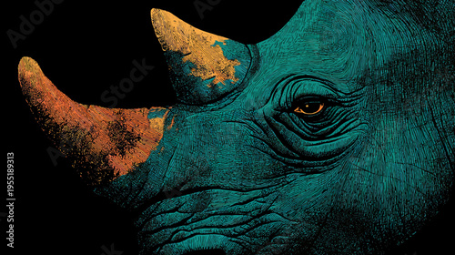 A close-up illustration of a rhinoceros with teal skin and orange horns, set against a black backdrop