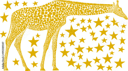 Golden dotted giraffe illustration with stars of varying sizes against a white background