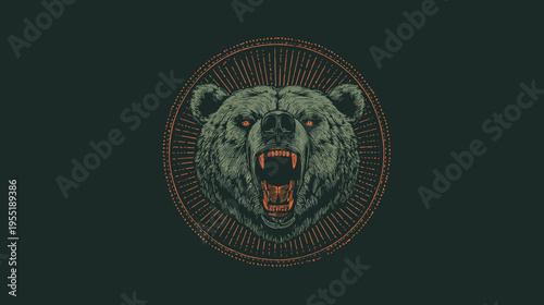 A roaring bear head illustration, encircled by orange lines on a dark background