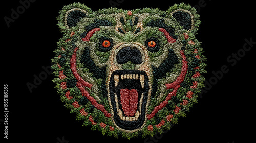A detailed head of a bear with an open mouth, created from complex and textured embroidered elements