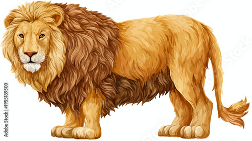 A majestic, illustrated lion with a flowing mane, standing in profile on a white background